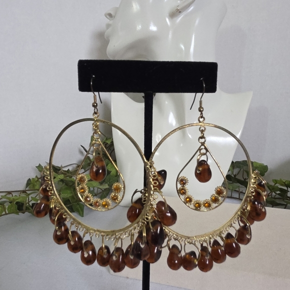 Large Statement Gold Hoop Earrings with Amber Glass Beads - Picture 10 of 14
